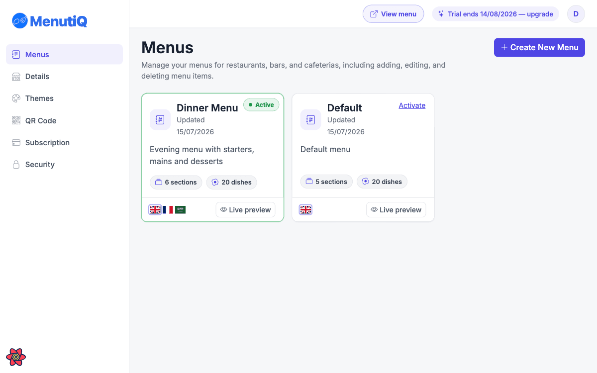 The main Menutiq dashboard with the list of available menus