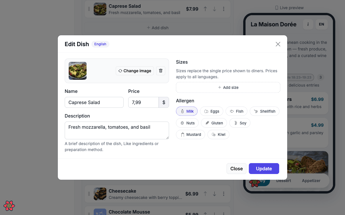 The dish form: name, description, price, photo and allergens