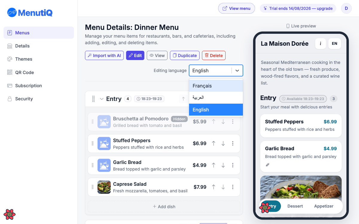 The language switcher in the menu editor