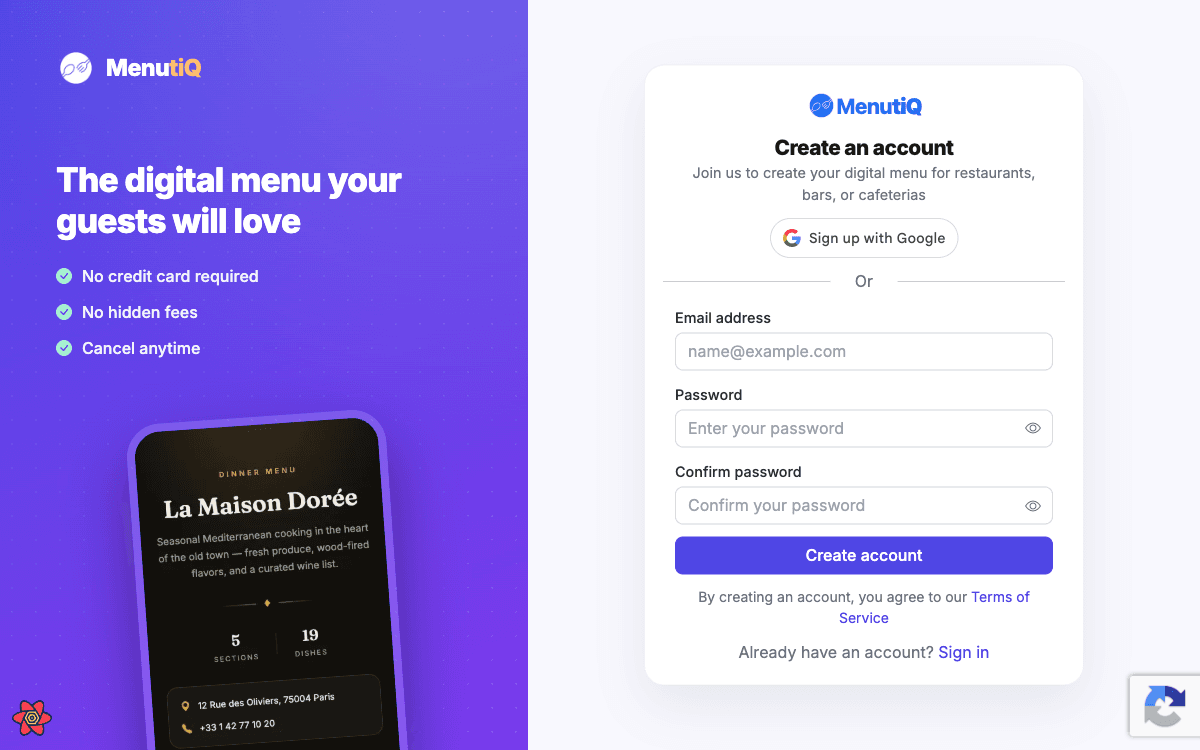 The sign-up page — your account is ready in under a minute