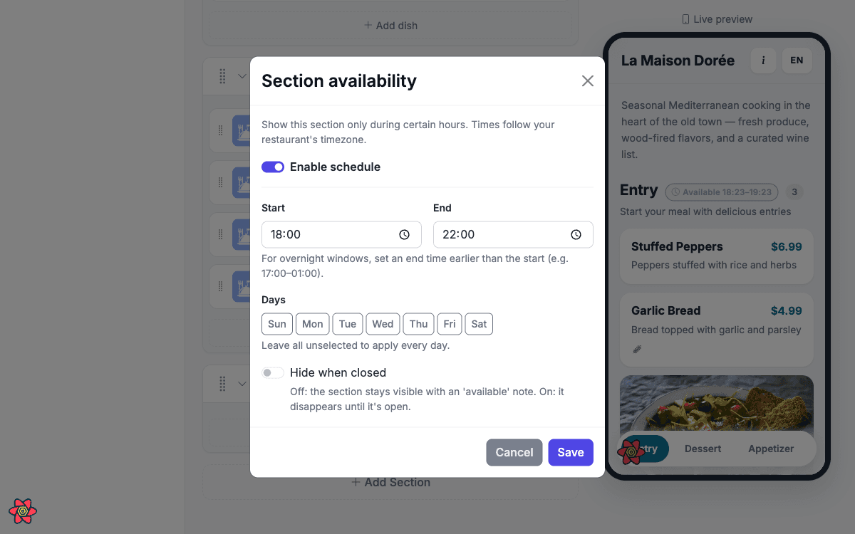 Availability settings for a 'Breakfast' section served from 9:00 to 11:00